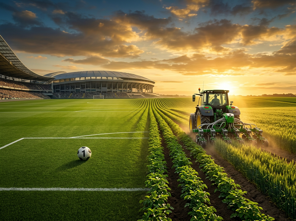 Implemento agrícola forjado da Metalfabbris em ação no campo, representando a precisão estratégica e a performance agrícola comparadas à excelência do futebol de alto nível.