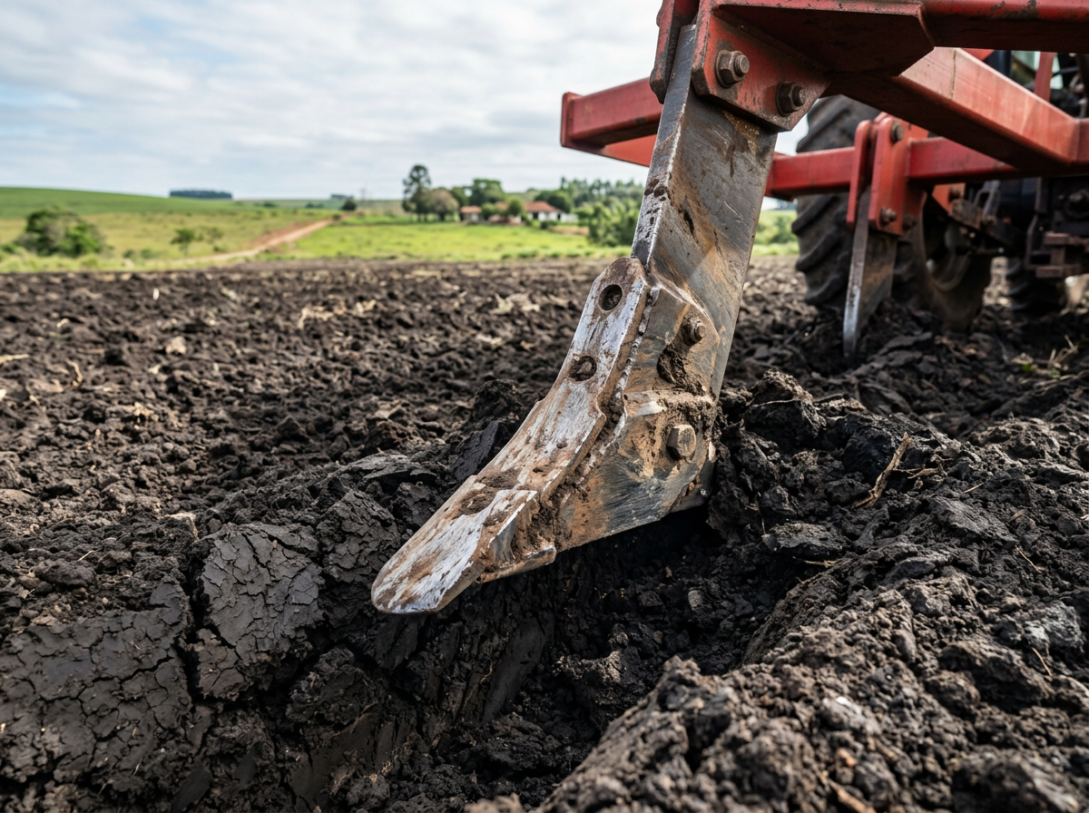 Bico subsolador de aço forjado e temperado instalado em haste de subsolador, mostrando o formato aerodinâmico que rompe camadas compactadas do solo em profundidade.