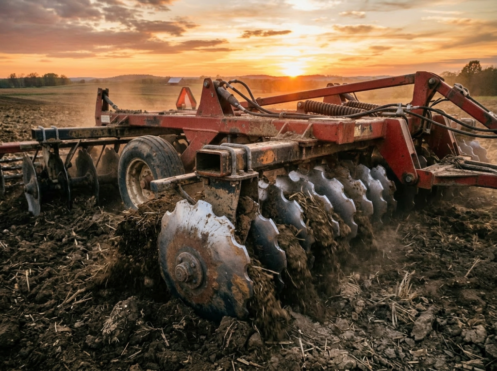 Limpador de disco agrícola acoplado aos discos de corte de uma plantadeira em operação de plantio direto, removendo terra e palha aderida para garantir sulco uniforme.