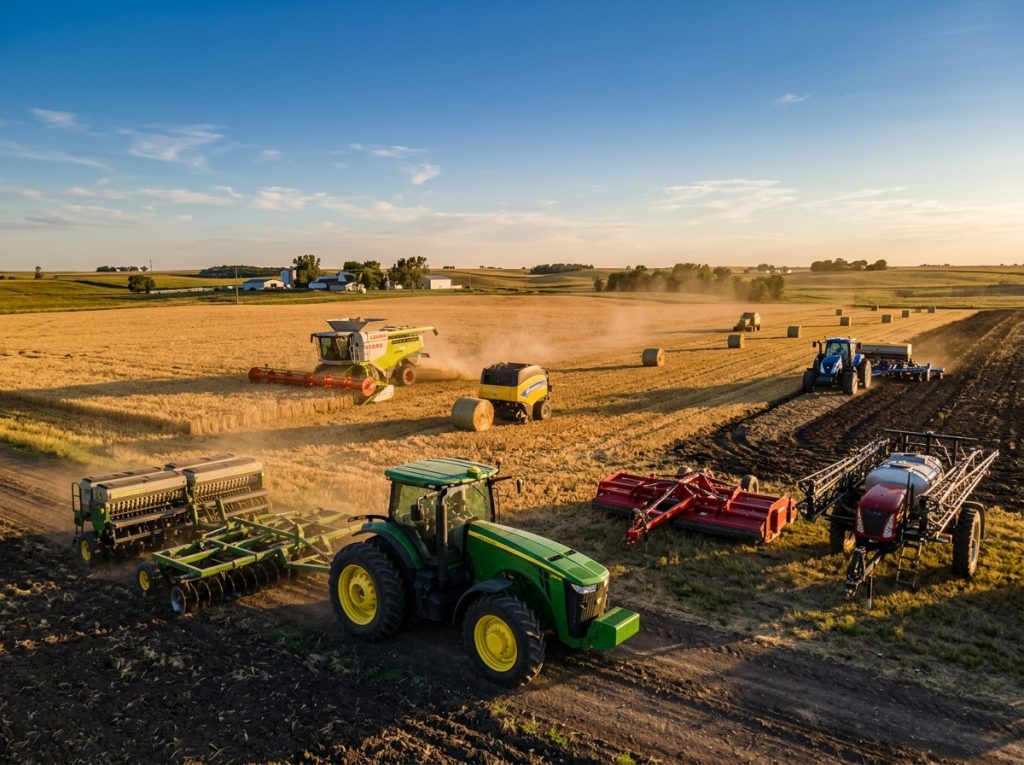 Implementos agrícolas em campo: trator com grade aradora e plantadeira, colheitadeira e enfardadeira ao entardecer.